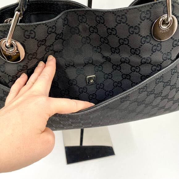 Gucci GG Monogram Eclipse Tote Bag Cloth Canvas Leather Trim Black Y2K Purse - Picture 15 of 16